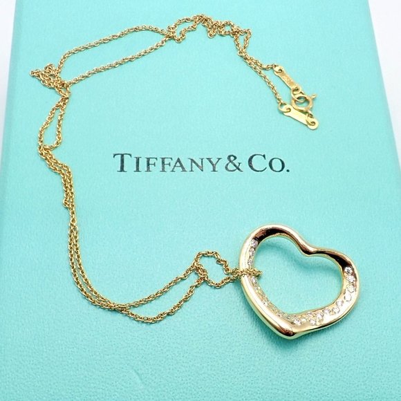 Authentic! Tiffany & Co Elsa Peretti 18k Yellow Gold Diamond Open Heart Necklace - Picture 2 of 10